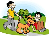Boys walking their dog